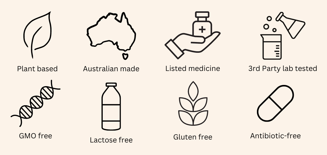 plant based australian made listed medicine 3rd party lab tested gmo free lactose free gluten free antibiotic free