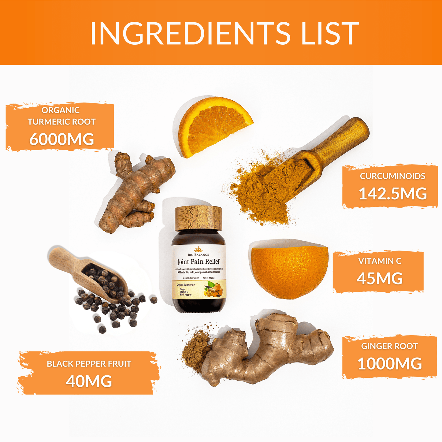 Organic Turmeric, Ginger, Black Pepper, Vitamin C - Bio Balance Australia Health supplements