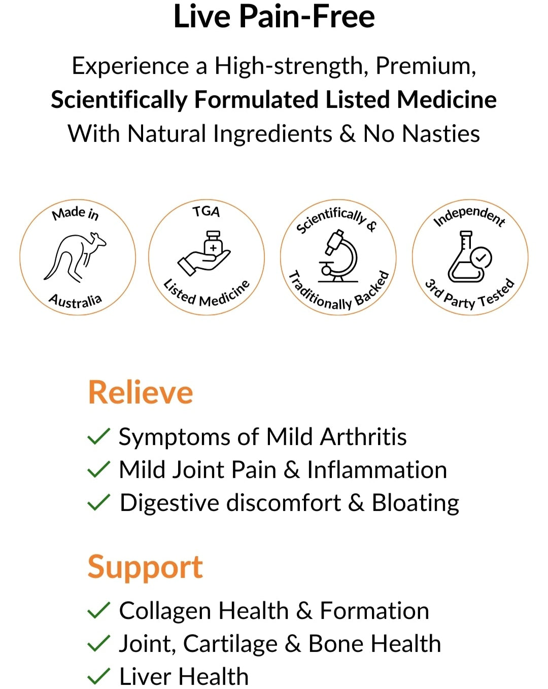 Product advertisement for a high-strength, premium listed medicine with natural ingredients, featuring icons and text about its benefits.