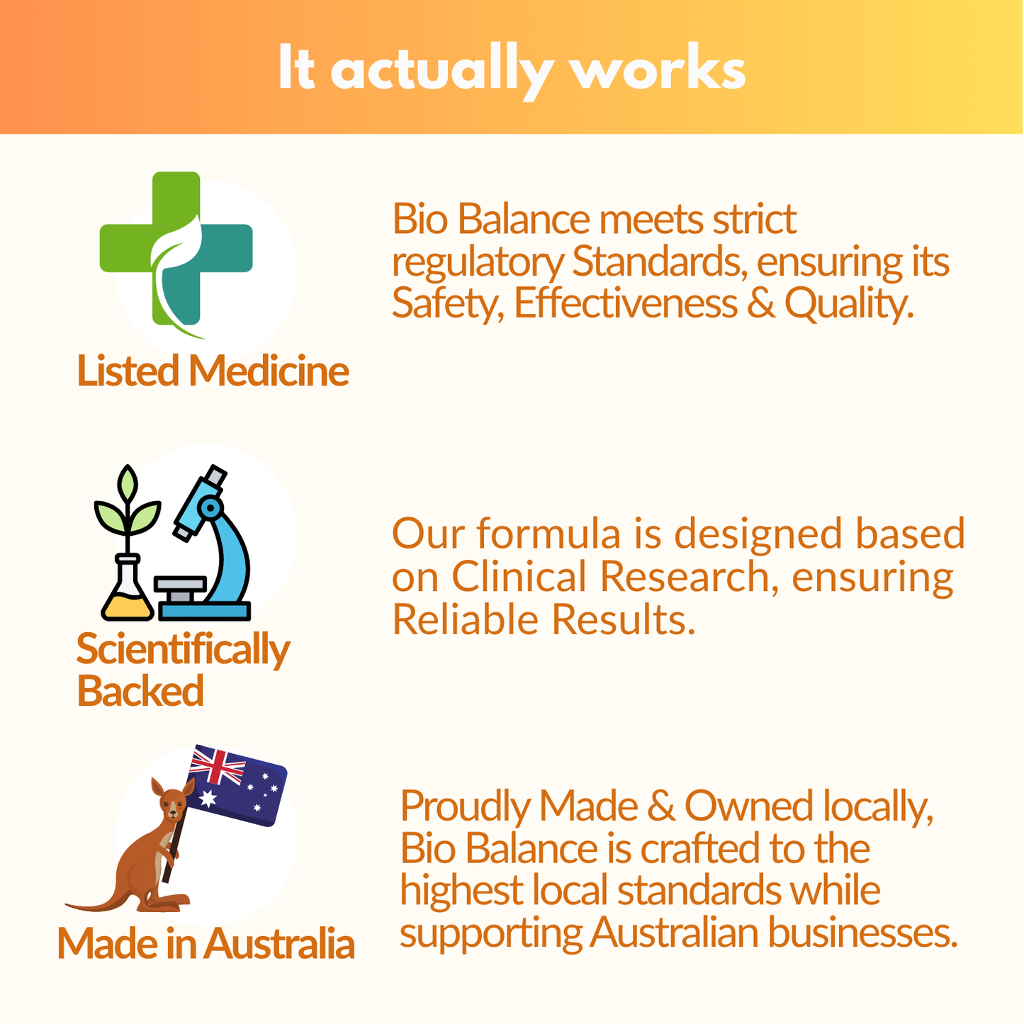 Promotional graphic for Bio Balance with regulatory, scientific, and Australian made and owned local production claims.