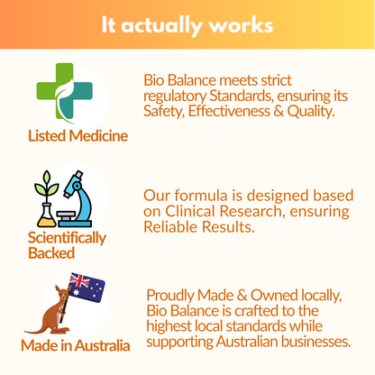 Promotional graphic for Bio Balance with regulatory, scientific, and Australian made and owned local production claims.