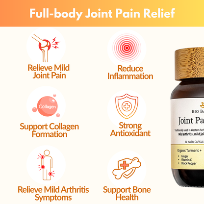 Bottle of Bio Balance Joint Pain Relief with icons and text on a white background