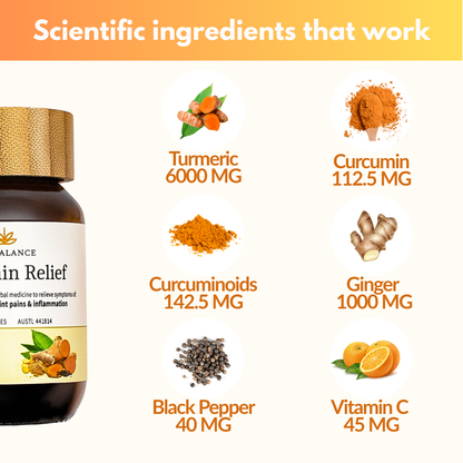Supplement bottle labeled 'Pain Relief' with scientific ingredients listed on a white background.
