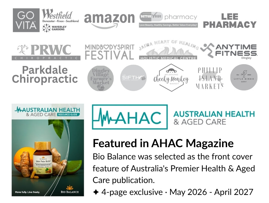 Collage of various brand logos with a focus on Australian Health & Aged Care magazine featuring Bio Balance.