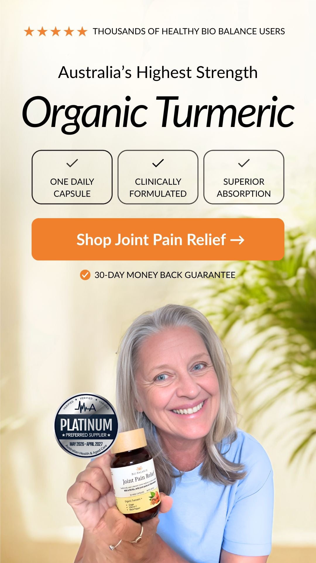 Advertisement for Australia's Highest Strength Organic Turmeric with a woman holding a bottle of supplements.