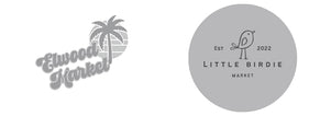 Two logos side by side on a white background. The first logo is for 'Elwood Market' with palm tree graphics, and the second is for 'Little Birdie Market' with a circular design.